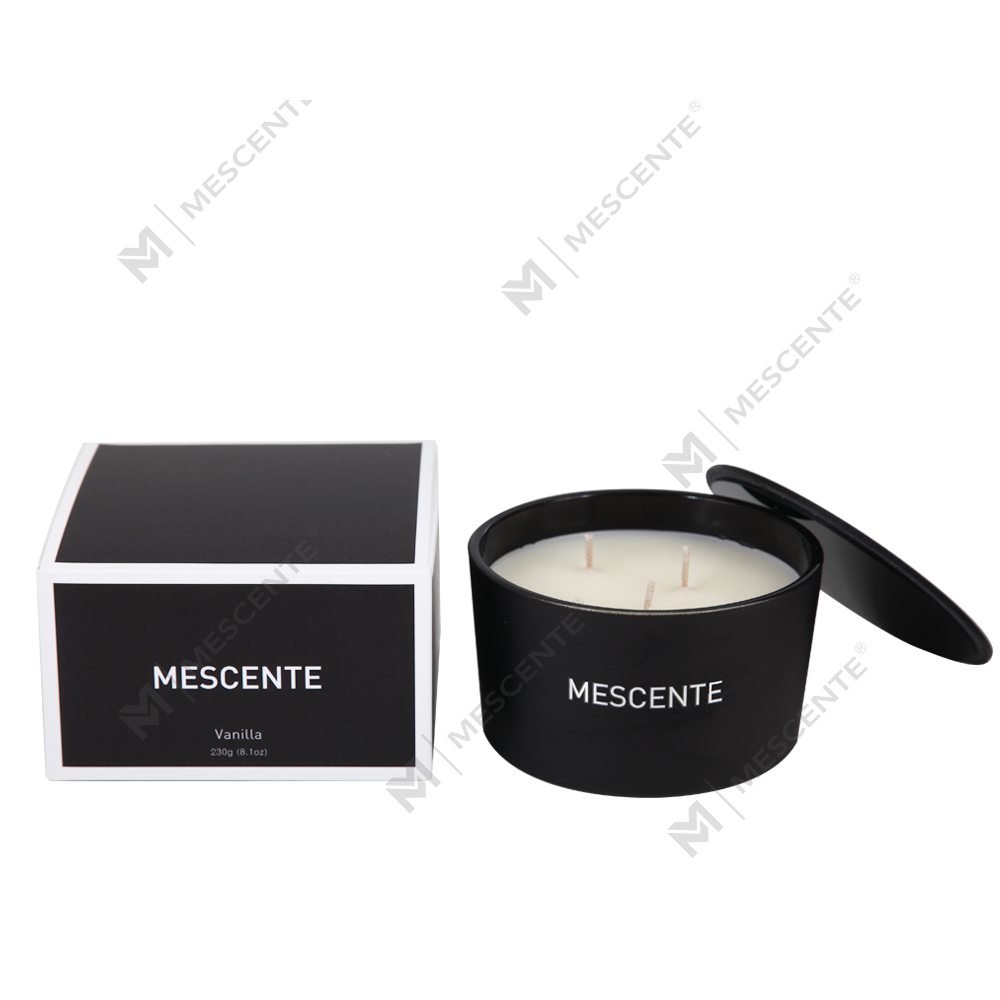 Bougie parfumée Mescente en gros, 3 mèches, 100 % cire de soja, pot en verre de marque privée