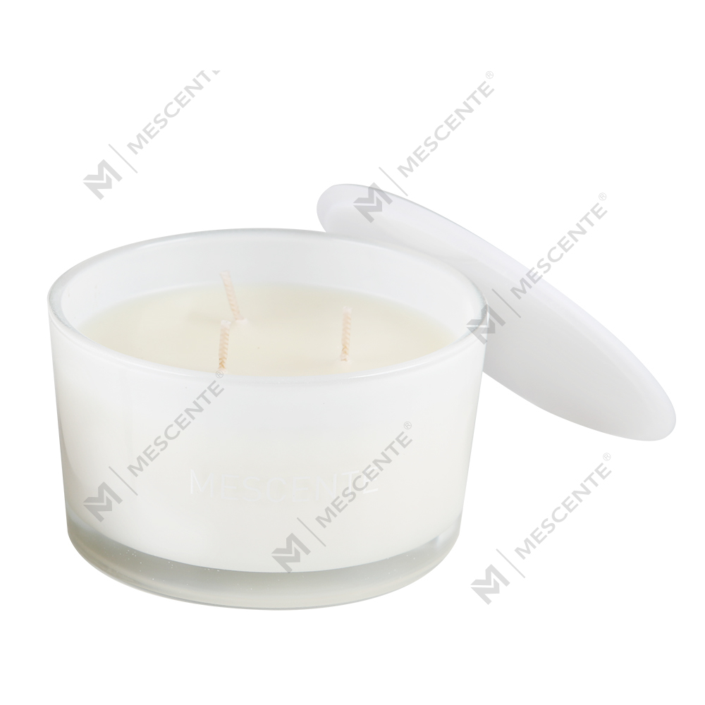 Bougie parfumée Mescente en gros, 3 mèches, 100 % cire de soja, pot en verre de marque privée