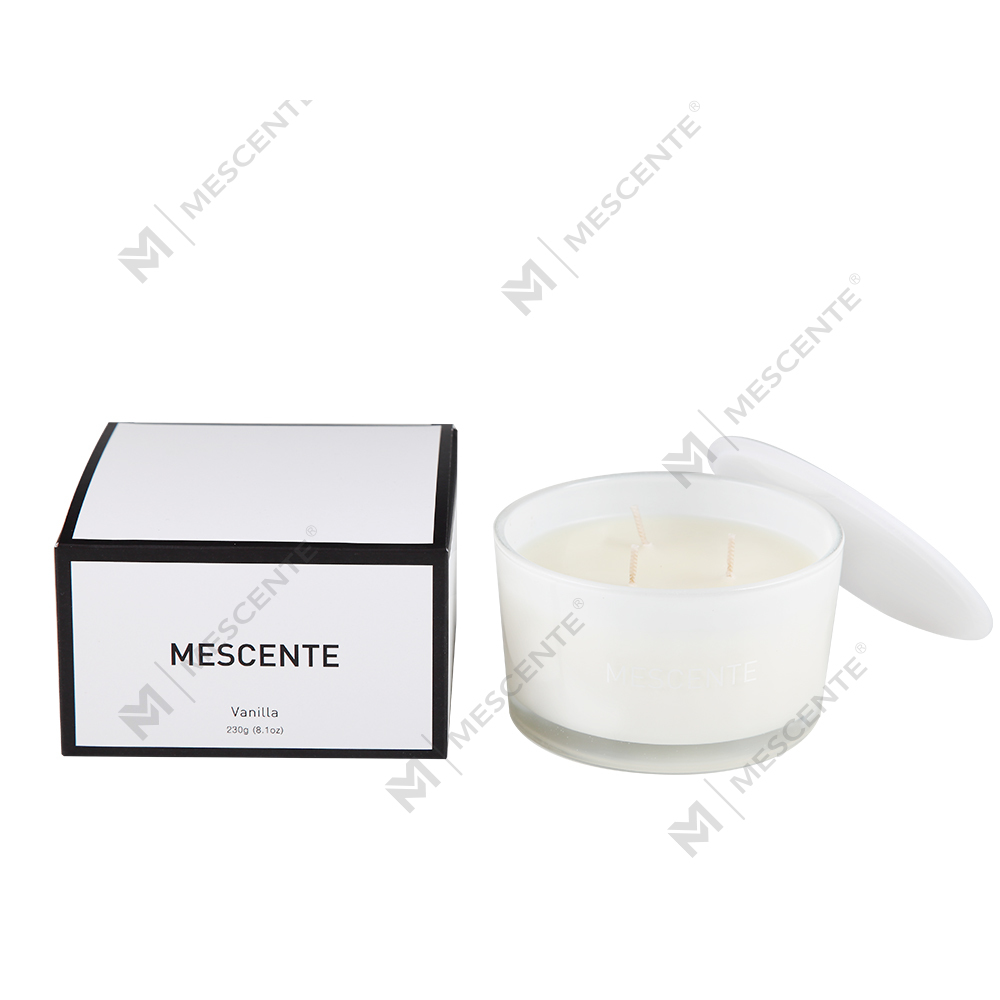 Bougie parfumée Mescente en gros, 3 mèches, 100 % cire de soja, pot en verre de marque privée