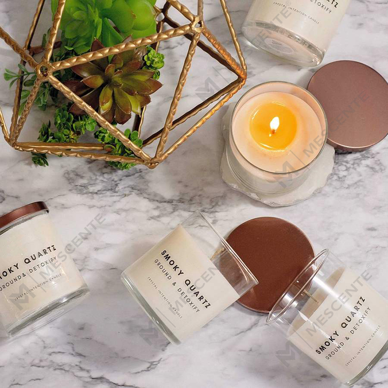 Nouvelles idées de produits M&Scente, bougies parfumées en cire de soja infusées de cristaux de guérison